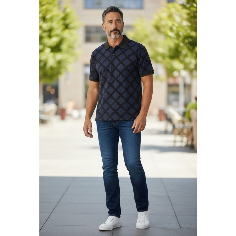 Men's SILVER STONE Collection Navy Black Plaid Polo Shirt XL